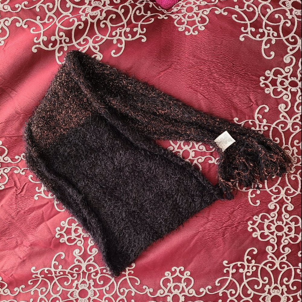 Anthropologie Fringe Scarf Tinsel Knit Red Black